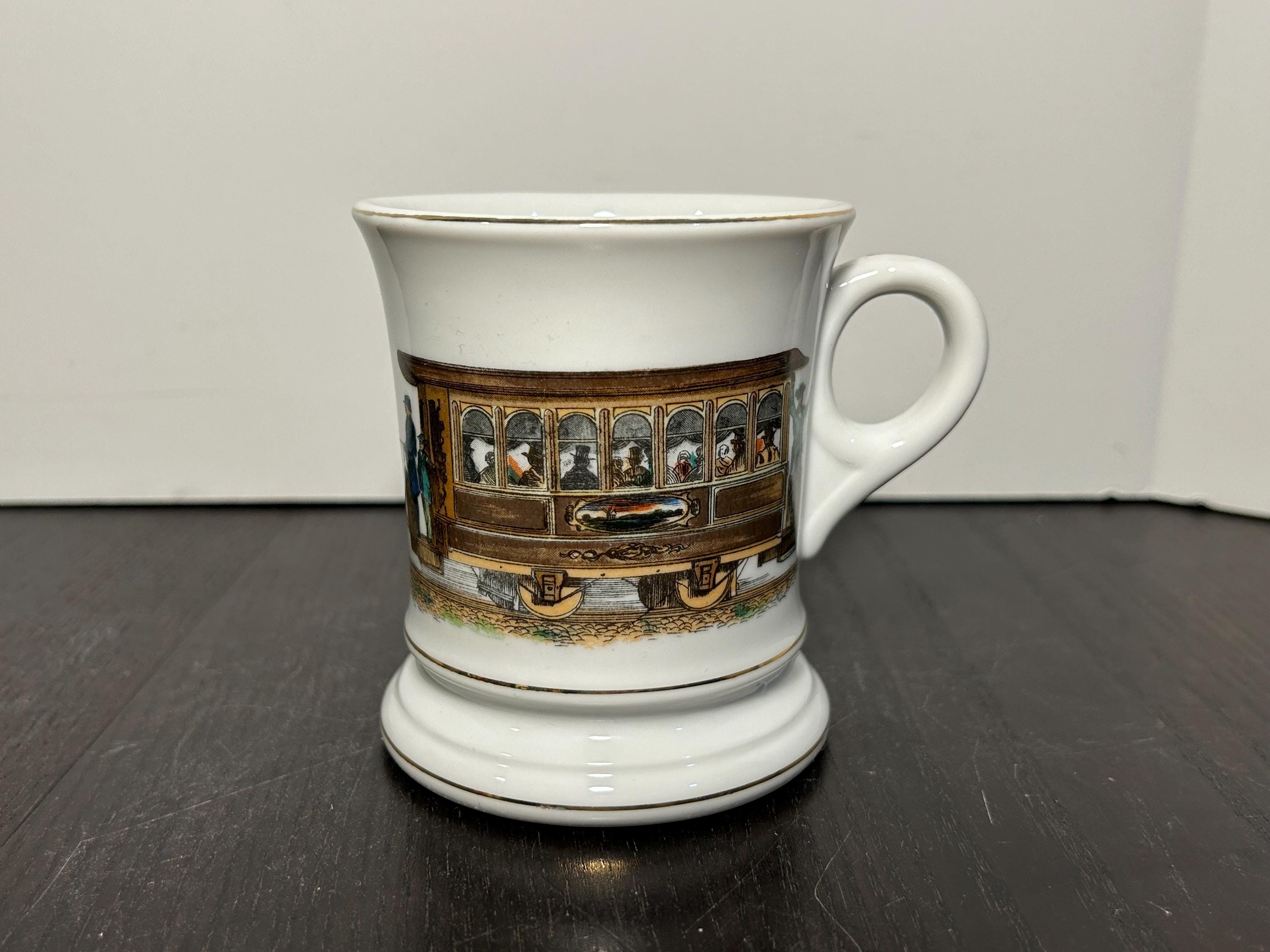 Vintage Ceramic Shaving Scuttle Mug Horse Drawn Trolley/Train Car - Old Fashioned Shaving Mug, Mustache Mug
