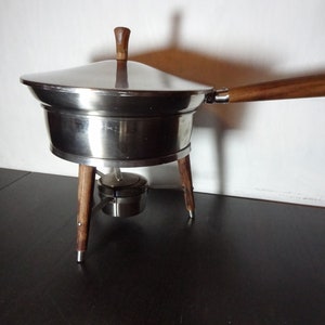 Vintage Oneida Mid Century Modern Danish Style Stainless Steel Fondue Pot or Chafing Dish with Wood Accents