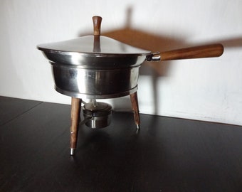 Vintage Oneida Mid Century Modern Danish Style Stainless Steel Fondue Pot or Chafing Dish with Wood Accents