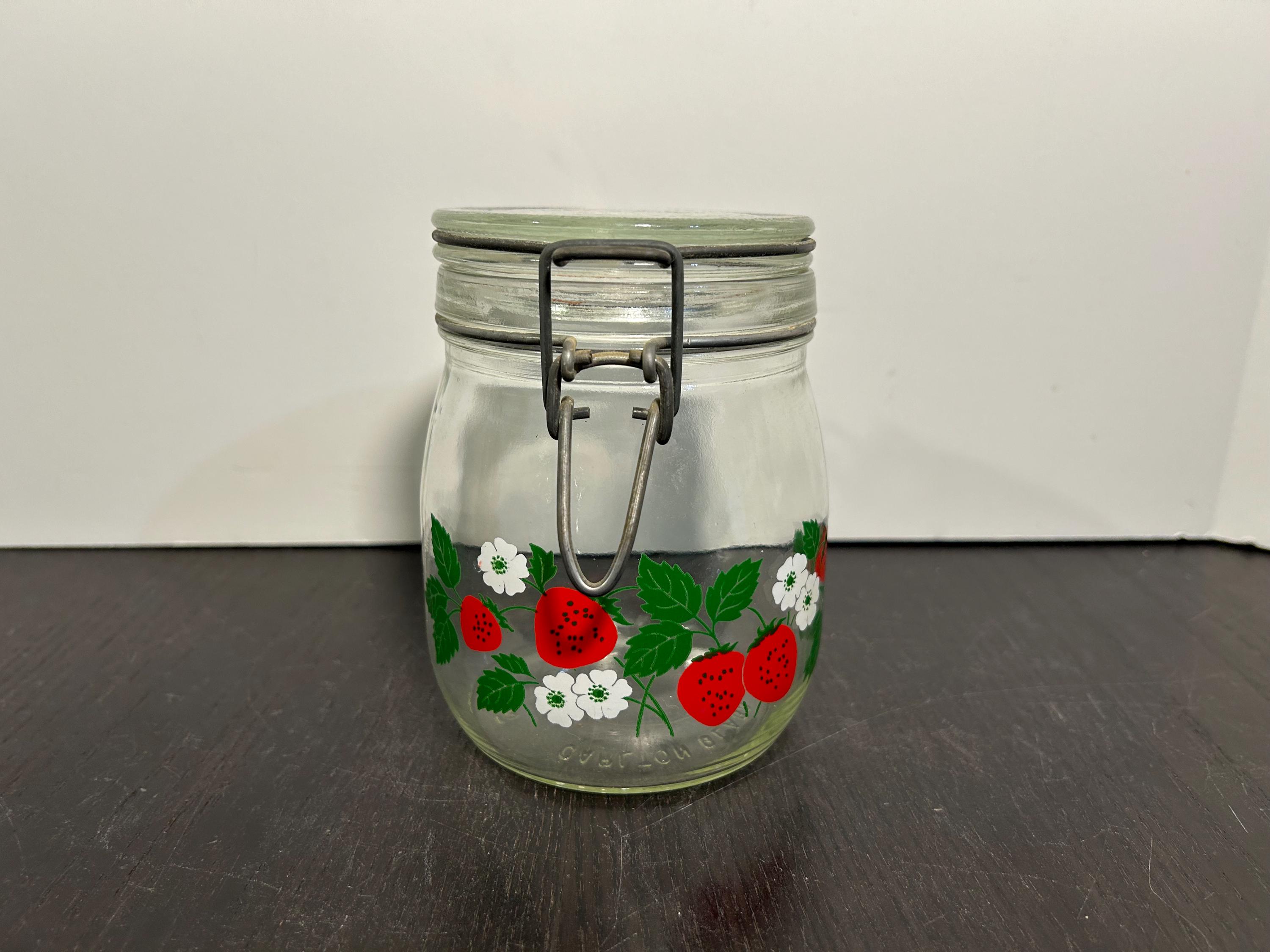 Vintage Carlton Glass Strawberry Blossom 3/4 Liter Canning Style Jar with Bale Metal Closure, and Strawberry Design