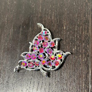 Vintage Signed Sarah Coventry Aurora Borealis Brooch - Silver Tone Metal and Iridescent Rhinestone Brooch - 1950s/1960s
