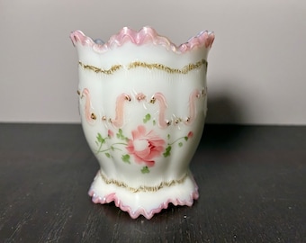 Dithridge Astoria Rose Pattern Sugar Bowl w/o Lid - EAGP White Milk Glass with Pink, Gold, and Green Floral Hand Painted Design