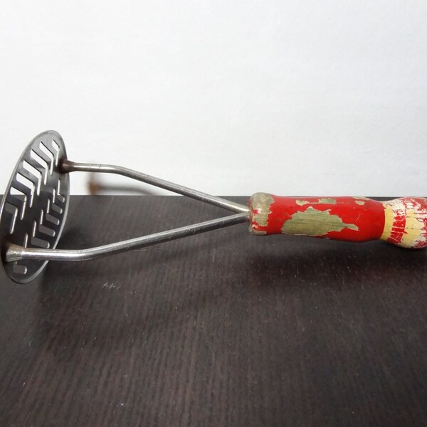 Clearance - A & J Rustic Oval Masher with Chevron Shaped Slats and Red and Yellow Chippy Paint Wooden Handle - Rustic Cooking Utensil