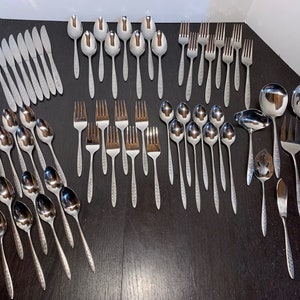 Vintage National NASCO La Canada or Cosmos Stainless Steel Starburst or Floral Flatware - Service For 8 Plus Serving Pieces - Set of 64