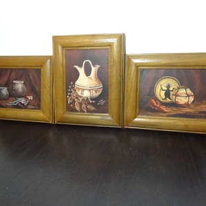 Vintage Wood Framed Southwestern Style Original Oil Paintings Signed by Artist Mimi Sieverman 1987 - Set of 3