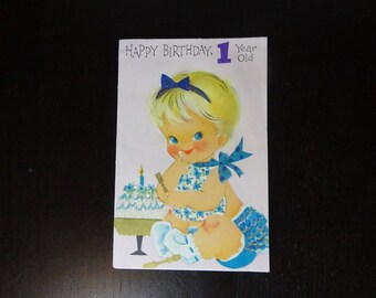 Vintage Used Glittered Happy Birthday Greeting Card For a 1 Year Old - Baby Girl Eating Her Birthday Cake - By Forget Me Not Cards