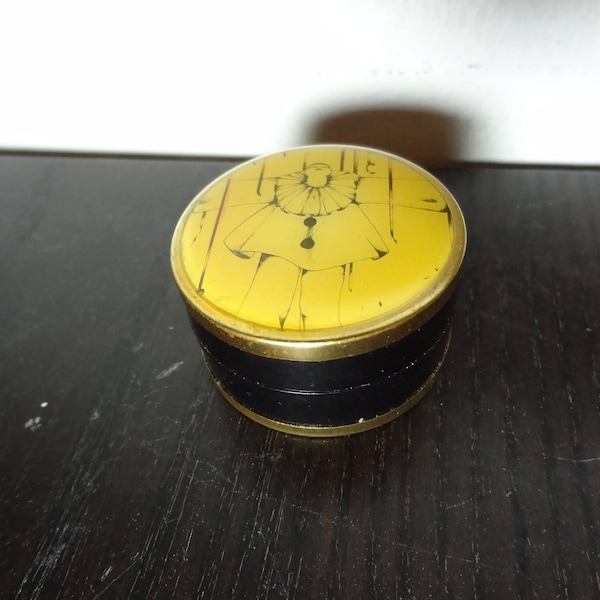 Vintage Small Round Black Plastic Perfume Box/Pill Box/Ring Box with Brass Metal Trim and Yellowed French Clown/Pierrot Design on Lid