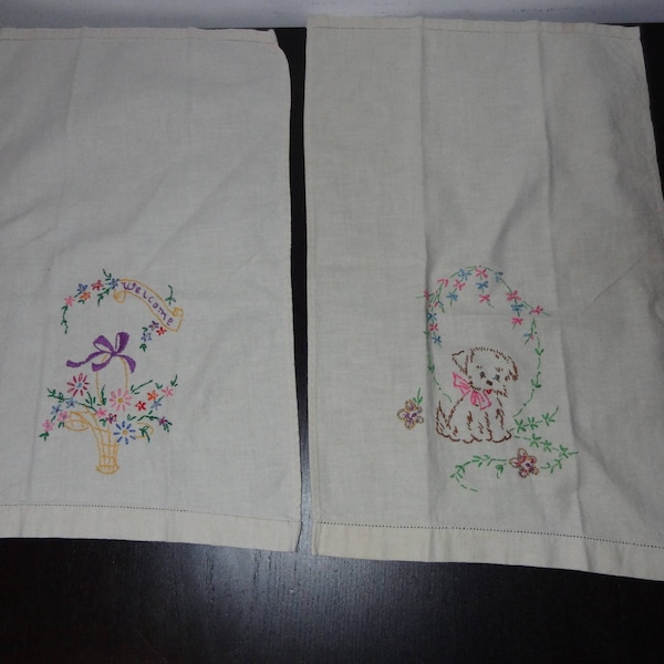 Vintage Embroidered Linen Tea Towels - Set of 2 - Puppy Dog with Flowers and "Welcome" Floral Bouquet - Spring Linen Tea Towels