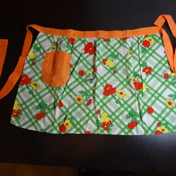 Clearance - Retro Half Apron - White with Green Lattice Design & Red and Yellow Flowers and Fruit, and Orange Trim and Pocket