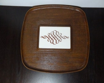 Vintage Serving Tray - Walnut Brown Molded Plastic Faux Wood Tray & White Ceramic Cutting Board with Scroll Design - Mid Century Modern