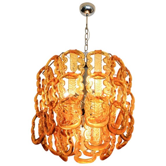 Murano Glass Chandelier Flush Mount With Orange Colored Murano Glass Chandelier Flush Mount, Orange Murano Glass Chandelier