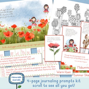 May include: A 4-page journaling prompts kit featuring a watercolor illustration of red poppies and a fairy. The kit includes prompts for writing about nature, color, and memories. The text on the page reads "Memorable Journals" and "Midsummer Magic".