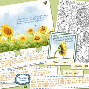 Ein Tagebuch mit Sonnenblumen. Journalwörter und Journalkarten, um deine Seiten zu dekorieren. Druckbar. Ausmalbild zum Entspannen.