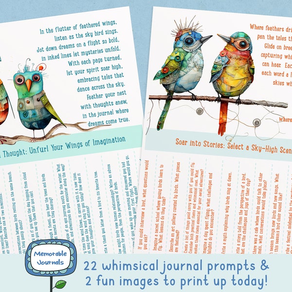 Creative Writing Prompts, Steampunk Birds Printable, Unique Whimsical Ideas for Journaling Inspiration, Tear-off style, US Letter Size PDF