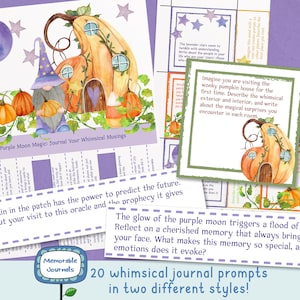 Może przedstawiać: Zestaw drukowanych podpowiedzi do dziennika z fantazyjną ilustracją domu z dyni i gnoma. Tekst na stronie brzmi "Purple Moon Magic: Journal Your Whimsical Musings" i zawiera 20 podpowiedzi do dziennika.
