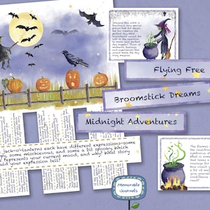Halloween journal prompts printable for creative writing. Journaling cards and words to decorate and add spark to your pages.