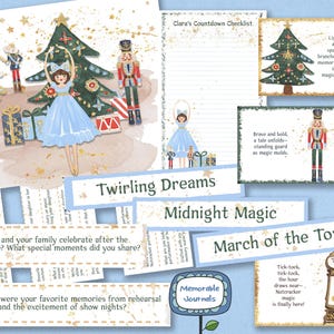 Puede incluir: Un conjunto de páginas de actividades imprimibles para una actuación con temática de Cascanueces. Las páginas presentan ilustraciones de una bailarina, un cascanueces y un árbol de Navidad. El texto en las páginas incluye "Twirling Dreams", "Midnight Magic", "March of the Toys" y "Memorable Journals".