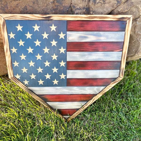 Handmade Baseball Plate American Flag wood Sign/ Wall Mounted / Custom Made / Great Gift Idea / Bar Basement Decor