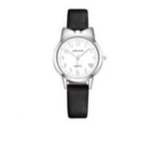 May include: A silver-toned wristwatch with a white face and black leather band. The watch features a bow-shaped bezel and a date display. The band measures approximately 0.75 inches wide. The watch hands point to 10:09.