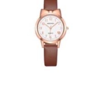 May include: A rose gold wristwatch with a white face and brown leather band. The watch features a bow-shaped design at the top of the watch face. The watch has a round face with gold-colored hands and hour markers. The band is approximately 0.75 inches wide.