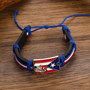 Puerto Rico Flag Colored Braided Leather Bracelet with coqui