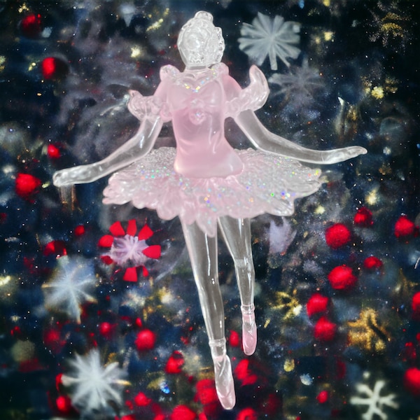 Kurt Adler (Ksa Santa's World) Clear Acrylic Ballerina W/ Pink Pearl Tutu Dress on Pointe Ballet Dancer Christmas Ornaments