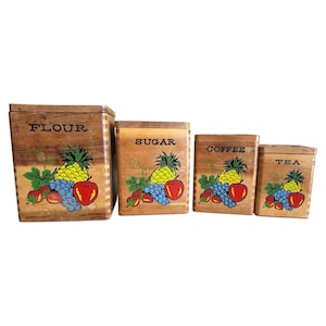 Vintage 1960s Wooden Canister Set of 4 | Fruit Decoupage Dovetail Boxes | Coffee Tea Sugar Flour | Retro Country Farmhouse Kitchen