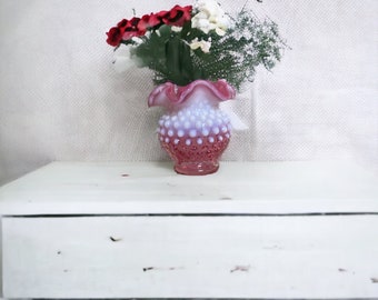 1940s Fenton Cranberry Glass Opalescent Ruffle Rim Hobnail Vase