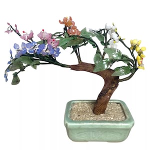 Vintage Glass Bonsai Tree with Celadon Pot | Multicolor Jade Flowers | Chinese Mid Century Wire Art Sculpture