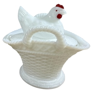 Vintage Westmoreland Milk Glass Hen on Nest  Basket Dish w/ Handles • Lidded White Glass Candy Dish USA Farmhouse Kitchen Decor