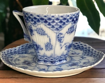 Rare  Class Royal Copenhagen Gargoyle Full Lace Blue Fluted Coffee Cup and Saucer No. 1036 Denmark Heirloom. Excellent Condition