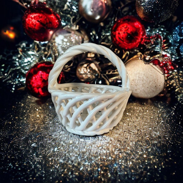 Vintage Handmade Italian White Lattice Ceramic Basket