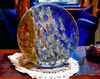 1950s Murano Blue and Amber Controlled Bubble Paperweight by Galaxy D’Arte