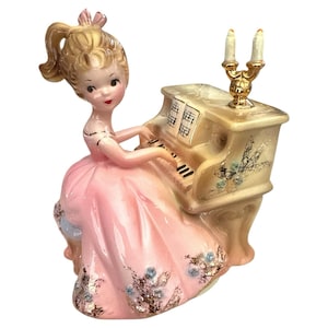 Josef Originals Music Box Figurine Girl at Piano Revolving Japan Sankyo Pink Dress Candelabra
