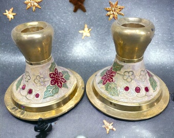 Two Vintage India Brass Holiday Berry  Cloisonné Style Enamel, CandleStick Holders