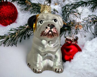 Bulldog Terrier Polish Blown Glass Christmas Ornament Decoration Made in Poland.