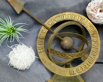 Vintage Bronze / Brass Armillary Sphere Globe Arrow Sundial. Patina & Verdigris