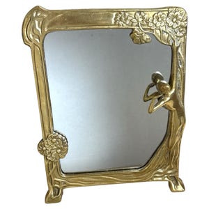 Vintage Art Nouveau Vanity Mirror 12” Brass Tabletop Mirror w/ Woman & Flowers • Ornate Standing Mirror • Glam Dressing Table Decor
