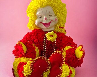 Clown  Loop Yarn Doll  Red Yellow Handmade YoYo Creepy Clown