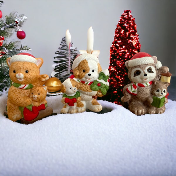 Homco 5180 Christmas Animal Figurines 3 Vintage Porcelain 2.5" Racoon Dog Bear PLEASE READ