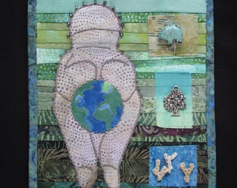 Fiber Art Spiritual Icon (Original Wall Hanging), Venus of Willendorf, Earth Art, Art for Charity