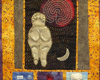 Fiber Art, Religious Icon; Original Wall Hanging; Rebirth, Goddess Art, Women's Art, Venus of Willendorf, Pomegranate, Labyrinth