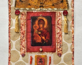 Fiber Art Spiritual Icon; Original Wall Hanging; Mary and Jesus; Madonna; Spiritual Art. Mixed Media Art