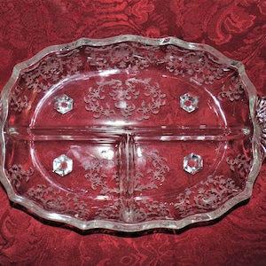 Vintage FOSTORIA 3 part Divided Relish Dish Etched in the Navarre Pattern Crystal