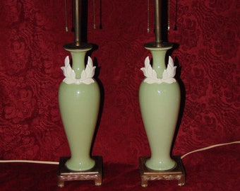 1940's Pair Lenox Lamps Fine China in Celadon Green DV Art Co Bases
