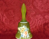 Vintage Westmoreland Green Satin Glass Bell Roses Daisies