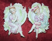 Majolica Wall Plaques Porcelain Man and Woman in 18th Century Dress
