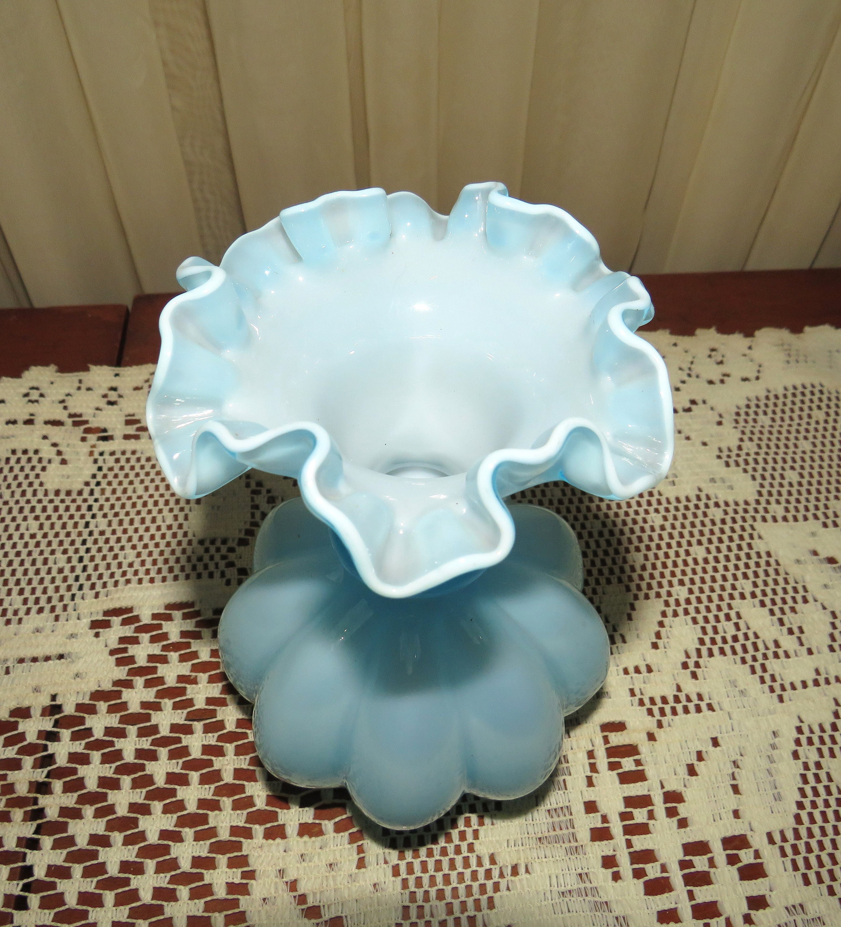 Vintage Fenton Art Glass Vase: Blue Ruffled Melon Base - Etsy