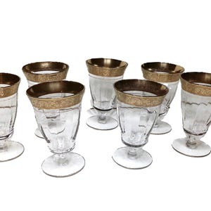 7 Tiffin Fransican Glass Rambler Rose Juice Glasses Gold Encrusted Narrow Optic Discontinued