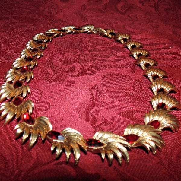 Signed Kramer Mid Century Style Brushed Gold Necklace with Marquis Cut Red Stones